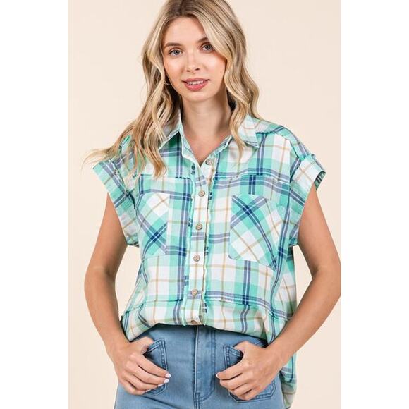 Mittoshop Mineral Washed Plaid Pattern Button Down Relaxed Fit Shirt | Turquoise - Picture 6 of 6